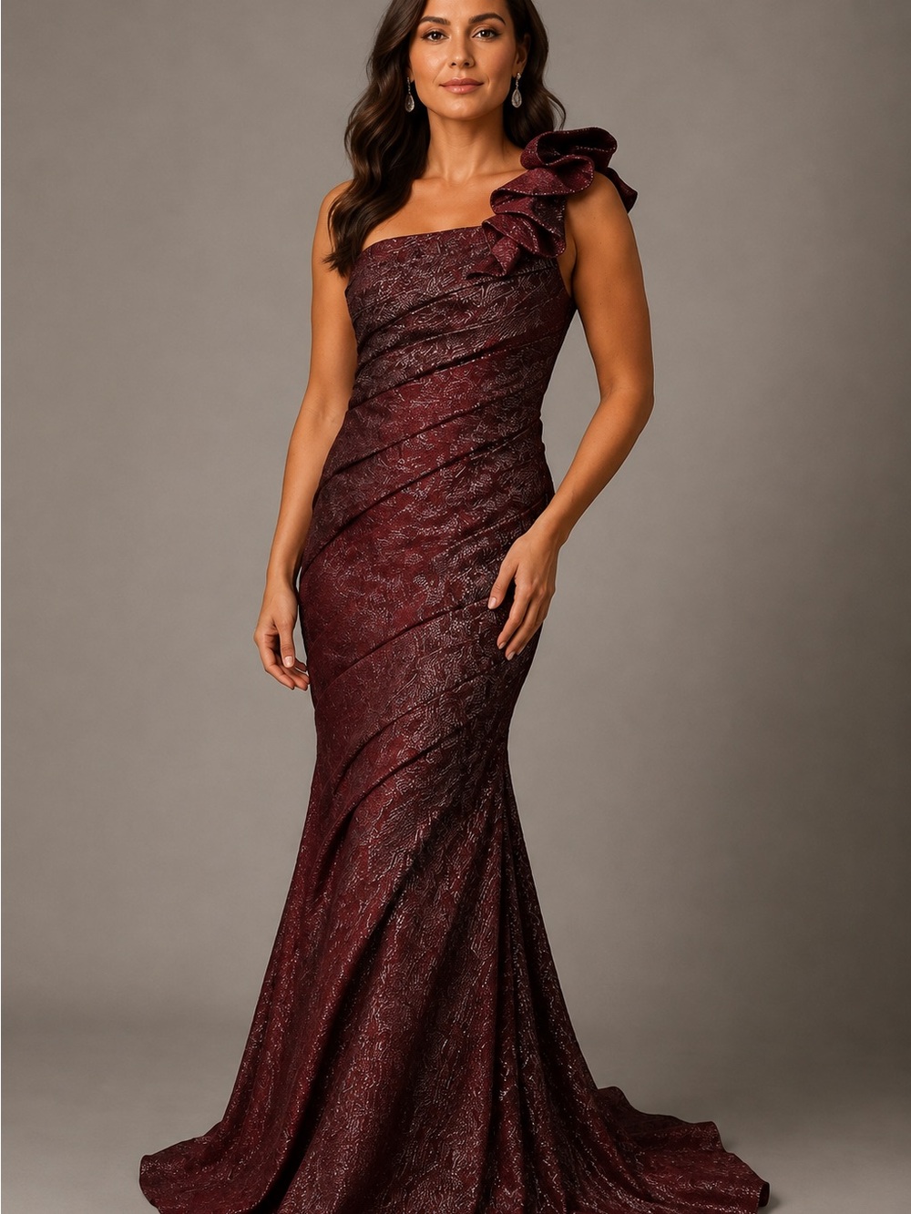 One-Shoulder Burgundy Evening Gown with Ruffle Shoulder Detail